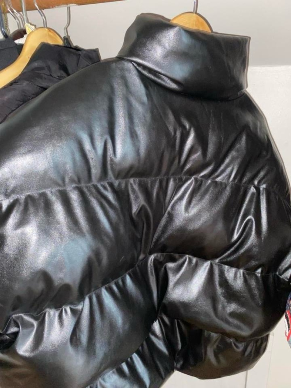Amazon Black Faux Leather Puffer Jacket - Women's High Collar